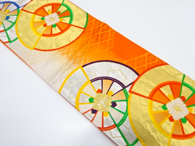 JAPANESE KIMONO / ANTIQUE FUKURO OBI / SILK / WOVEN WHEEL & FLOWER